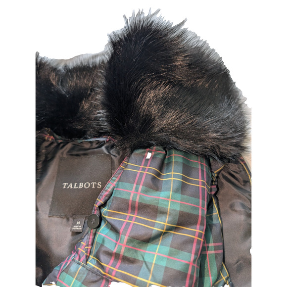 Talbots Plaid Green Pink Puffer Vest Removeable Faux Fur Collar Womens Medium - Picture 3 of 6